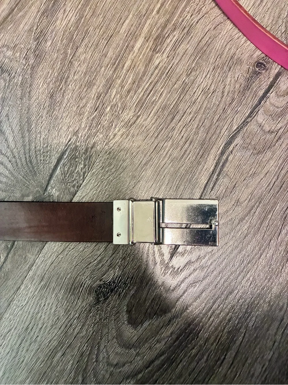 Kenneth Cole Black Leather Belt with Brushed Silver Rectangular Buckle
